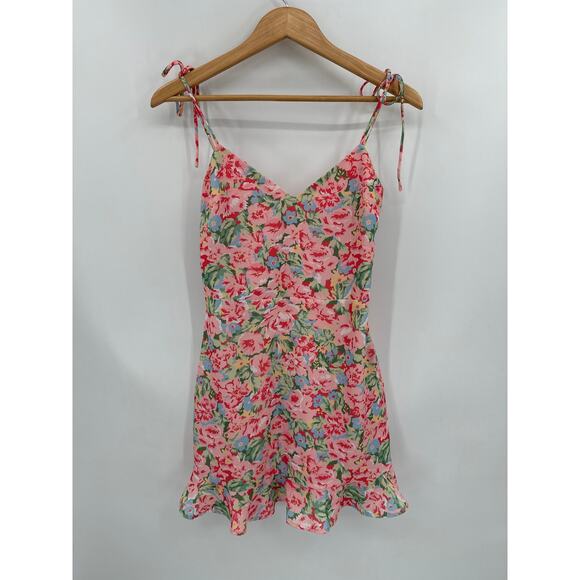 LPA Revolve Multi Ruffle Floral Mini Dress V Neckline Tie Shoulders Size Small - Picture 2 of 6